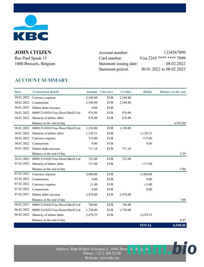 Szablon wyciągu bankowego Belgia KBC w formacie Word i PDF